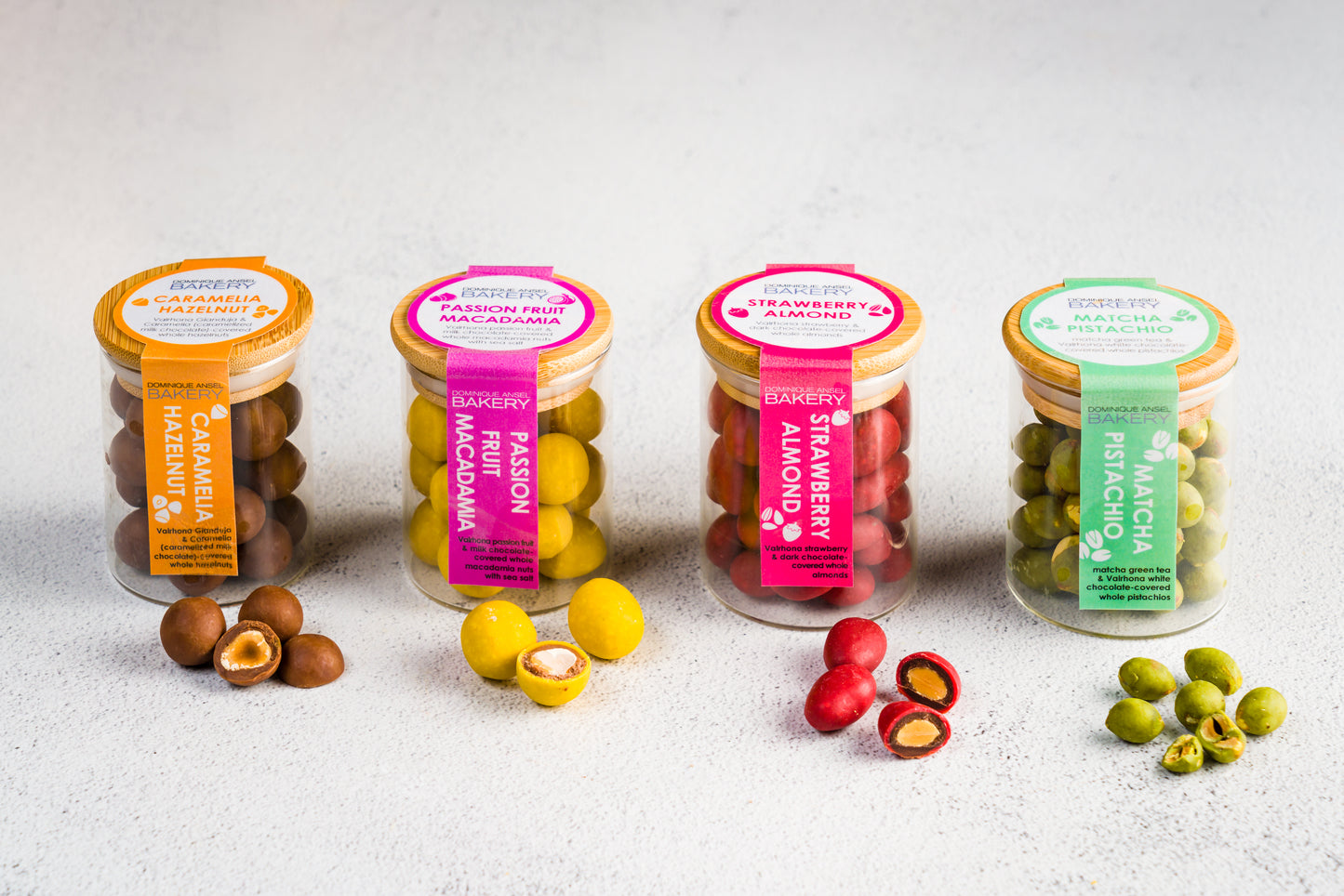 4pc Chocolate-Covered Nuts Gift Box with Matcha Pistachio, Strawberry Almond, Caramelia Hazelnut and Passionfruit Macadamia